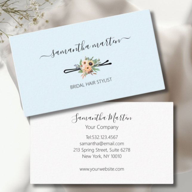 Stylist för blå Blommigt Visitkort (Floral Hair Stylist Business Card)