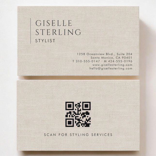Stylist Luxury Neutral Linen QR Code Visitkort (Skapare uppladdad)