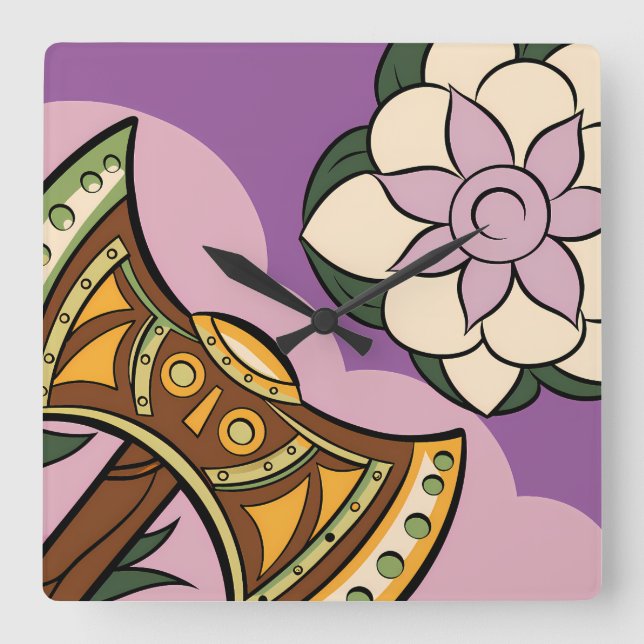 Stylized Axe and Flower Design Fyrkantig Klocka (Framsida)