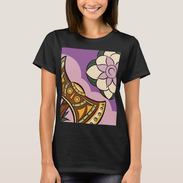 Stylized Axe and Flower Design T Shirt (Framsida)