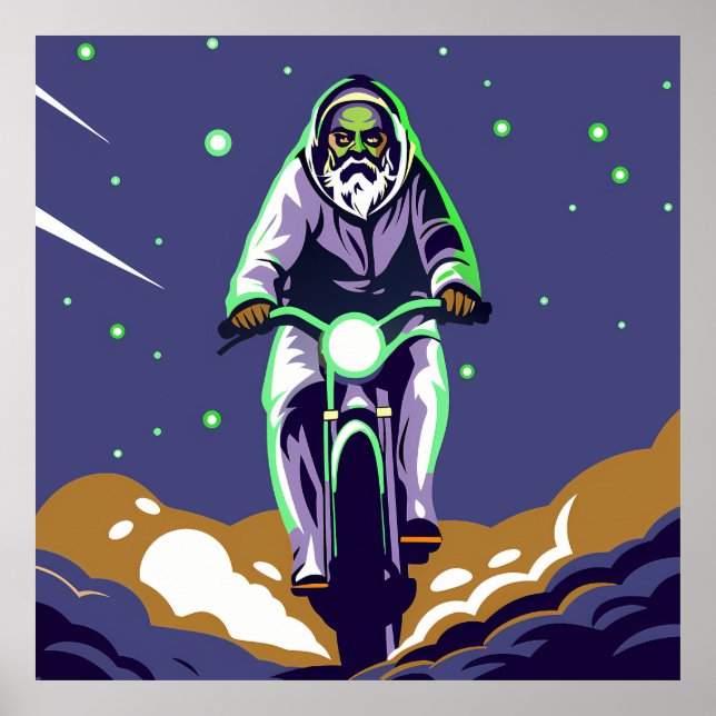 Stylized Bearded Figure Riding a Motorcycle Poster (Framsidan)
