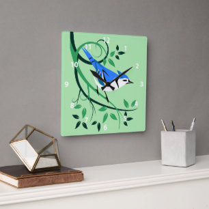 Stylized Bird Art Blue Jay Fyrkantig Klocka