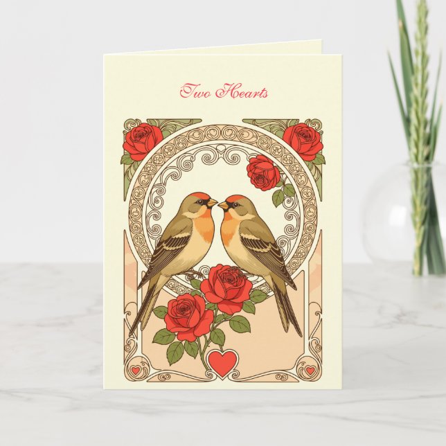 Stylized Birds and Red Roses Art Nouveau Kort (Framsida)