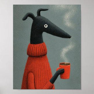 Stylized Black Dog Coffee Art Poster
