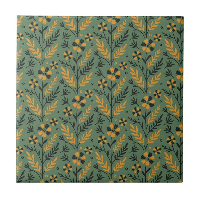 Stylized botanical orange and black floral pattern kakelplatta (Framsidan)