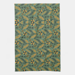Stylized botanical orange and black floral pattern kökshandduk