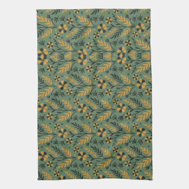 Stylized botanical orange and black floral pattern kökshandduk (Vertikal)