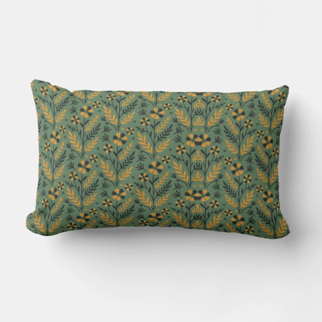 Stylized botanical orange and black floral pattern lumbarkudde (Framsida)