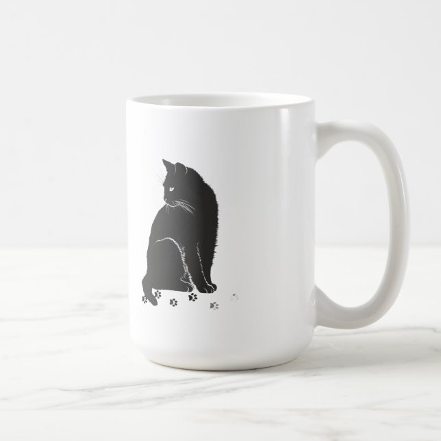 Stylized Grey Cat and Paw Prints Long-Sleeve Shirt Kaffemugg (Höger)