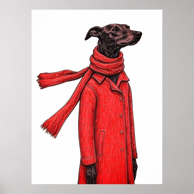 Stylized Greyhound Drawing with Red Vintage Coat Poster (Framsidan)