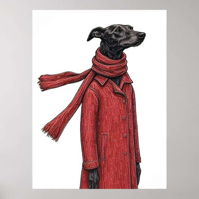 Stylized Greyhound Drawing with Red Vintage Coat Poster (Framsidan)