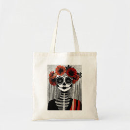 Stylized La Catrina Tote Bag in Red, Black & White Tygkasse