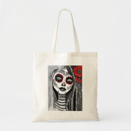 Stylized La Catrina Tote Bag in Red, Black & White Tygkasse