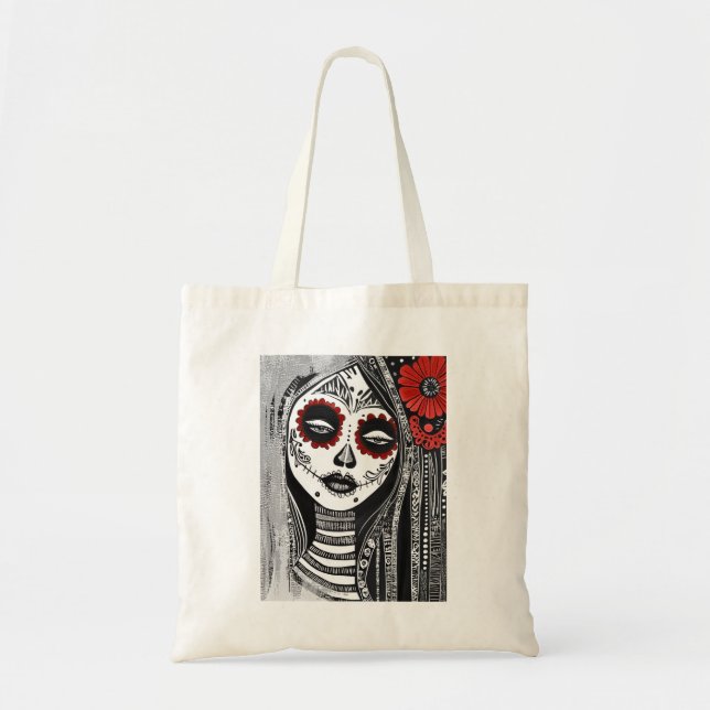 Stylized La Catrina Tote Bag in Red, Black & White Tygkasse (Framsidan)