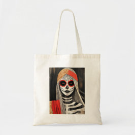 Stylized La Catrina Tote Bag in Red, Black & White Tygkasse