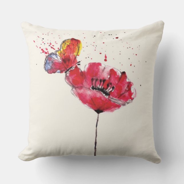 Stylized målade vattenfärgvallmoblomman kudde (Framsida)