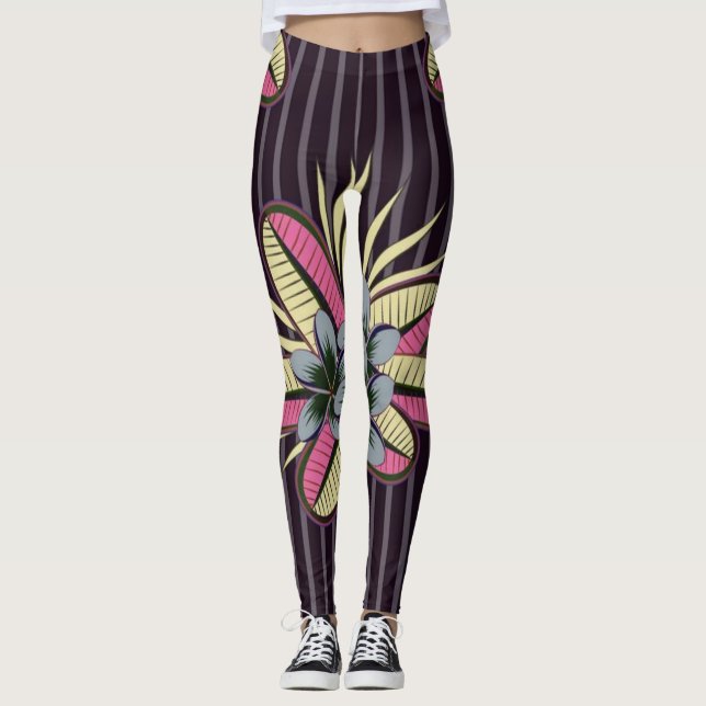 Stylized Plumeria Flowers Löv Violet Grått Leggings (Framsida)