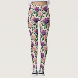 Stylized Purple Roses With Green Accents Leggings