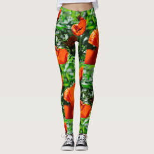 Stylized Red Poppy Flowers Garden Mönster Leggings