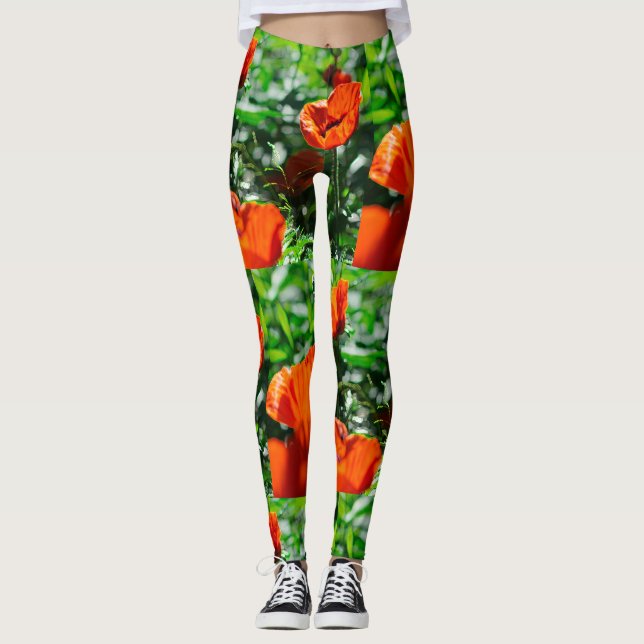 Stylized Red Poppy Flowers Garden Mönster Leggings (Framsida)