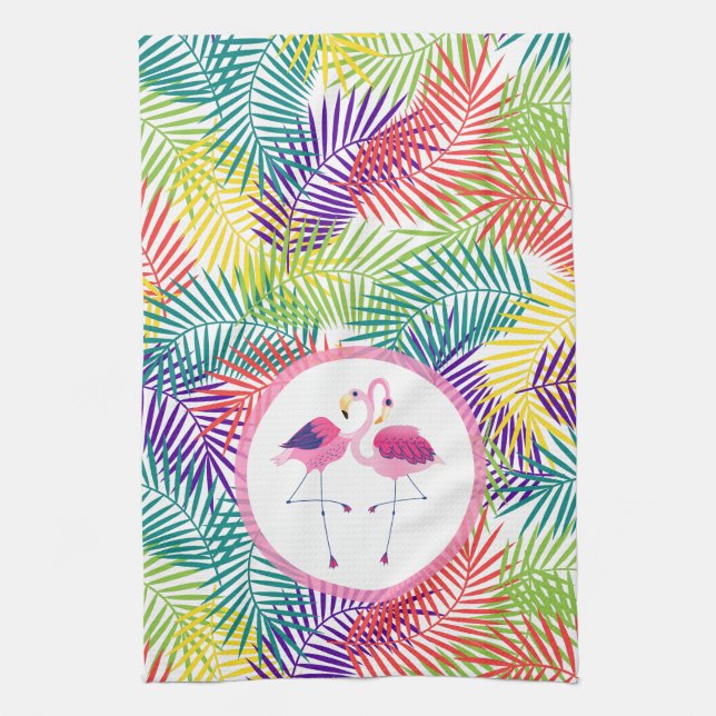 Stylized Tropical Handflatan Blad & Rosa Flamingos Kökshandduk (Vertikal)