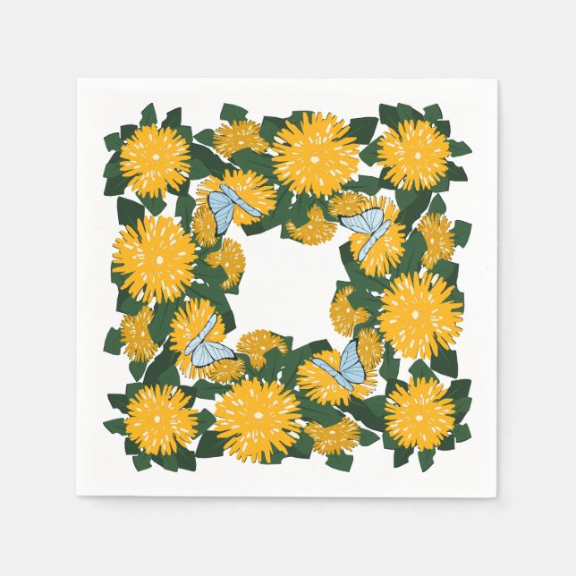 Stylized Yellow Wildflower Dandelion Butterflies Pappersservett (Framsidan)