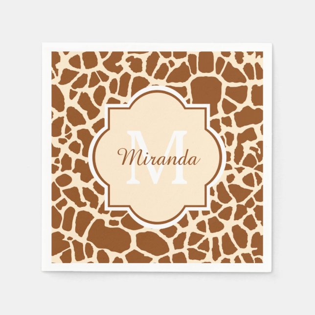 Stylsih Brown Giraffe Print Monogram och Namn Pappersservett (Framsidan)