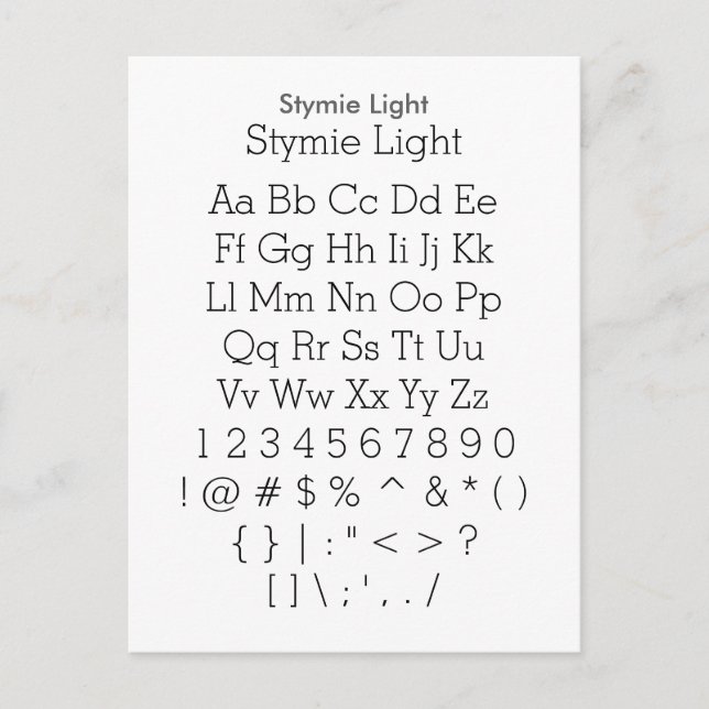 Stymie Light - Zazzle Font Sampler Lakan Vykort (Framsida)