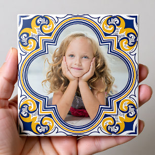 Styrblått och gult Azulejos, anpassningsbar foto Kakelplatta