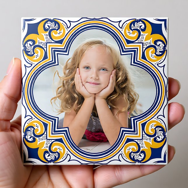 Styrblått och gult Azulejos, anpassningsbar foto Kakelplatta (Cute blue and yellow Azulejos, custom photo Ceramic Tile)