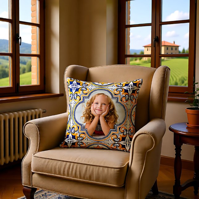 Styrblått och gult Azulejos, anpassningsbar foto Kudde (Cute blue and yellow Azulejos, custom photo Throw Pillow)