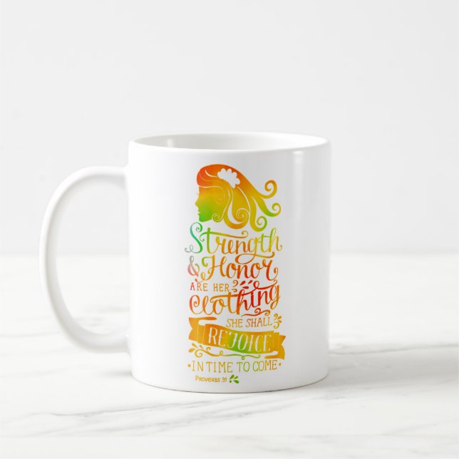 Styrka och ära personlig skrift kaffemugg (Vänster)