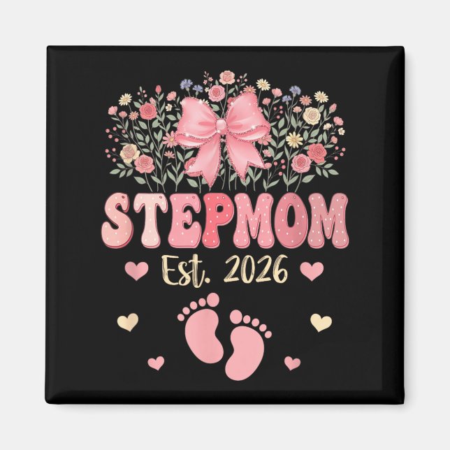 Styv mamma Est 2026 Blommor Mors dag Förväntar sig Magnet (Framsidan)