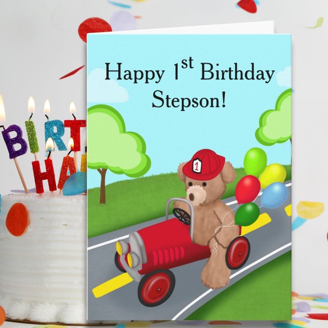 Styvson lycklig 1-årsdag Teddybjörn brandbil Kort (Skapare uppladdad)
