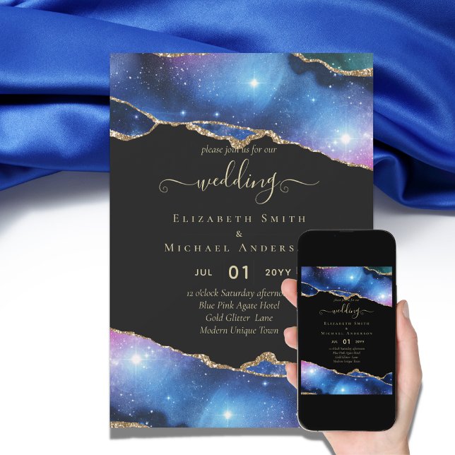 Sublicera AGATE Lila Blue Guld Glitter Bröllop Inbjudningar (Skapare uppladdad)