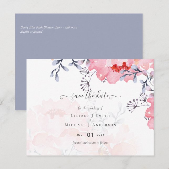 Sublime Dusty Blue Rosa Blommar Bröllop Suite Vykort (Fram/baksida)