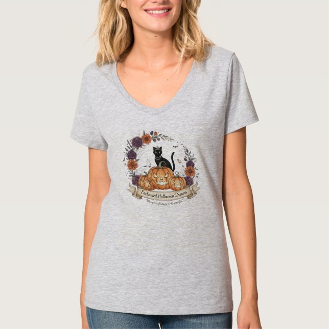 "Sublime Halloween Dreams" Black Cat V-Nacke T Shirt (Framsida)