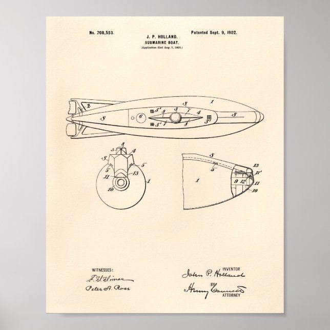 Subsea Boat 1902 Patent Art Old Peper Poster (Framsidan)