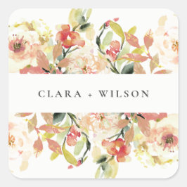 SUBTANS  PEACH ROSA WATERCOLOR BLOMMIGT BRÖLLOP FYRKANTIGT KLISTERMÄRKE