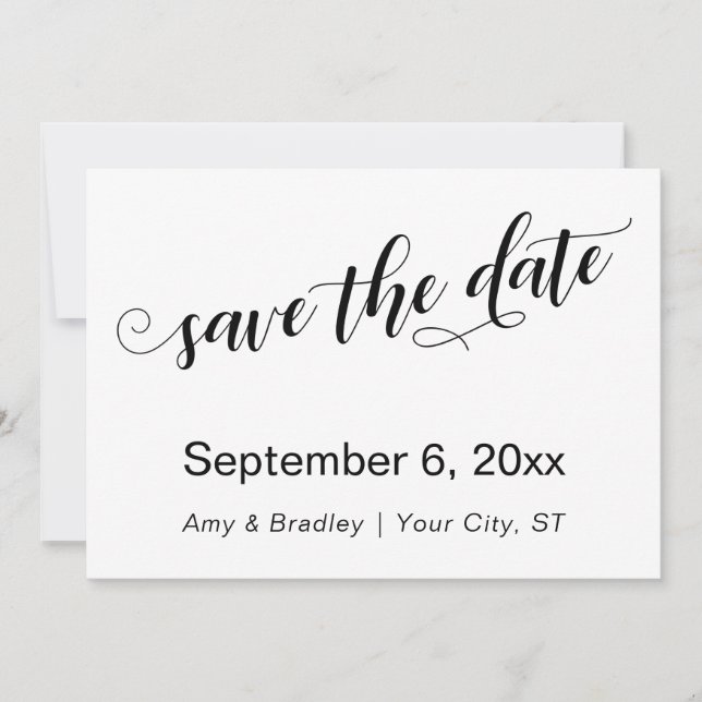 Subtil, chic typografi på vit Save the Date Spara Datumet (Framsida)