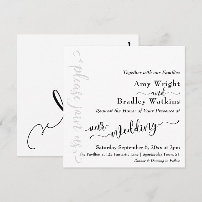 Subtil Elegant Typografi Svart på Vit Bröllop 3 Inbjudningar (Fram/baksida)