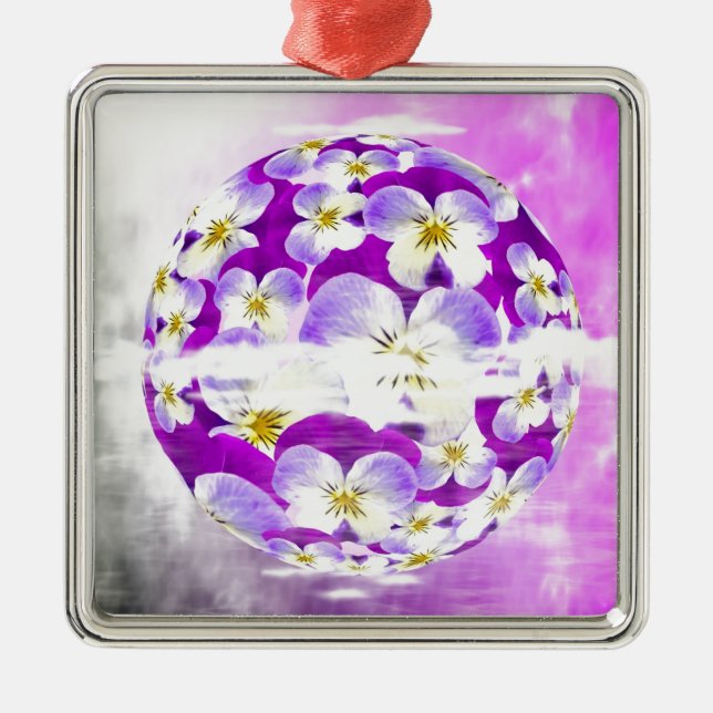 Subtil, enkel violett pensé-blommönster-glob julgransprydnad metall (Framsidan)