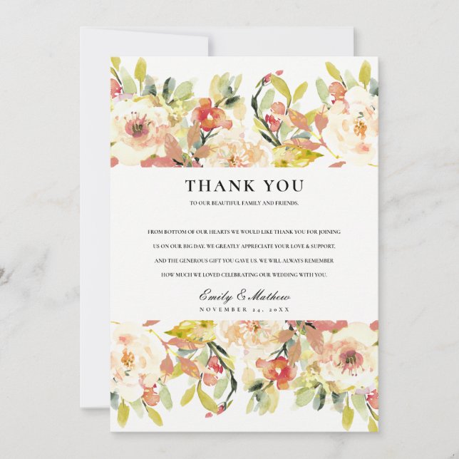 SUBTIL ROSA FERSKEN ROSA AKVARELL BLOMSTERBRUDKUP TACK KORT (Framsida)