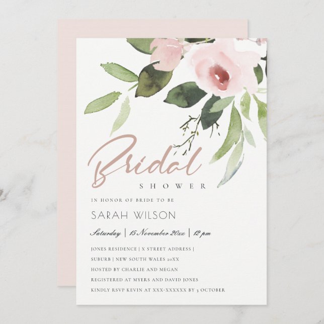 SUBTLE FÄRG TVÄTTAR MÖHIPPA för  ROSA BLOMMIGT Inbjudningar (Fram/baksida)