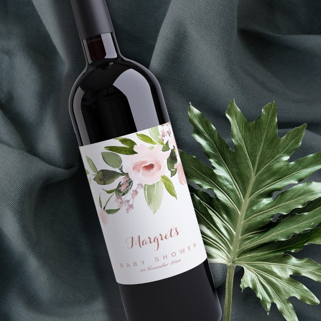 SUBTLE FÄRG TVÄTTAR  ROSA BLOMMIGT BABY SHOWER VINFLASKA ETIKETT (Skapare uppladdad)