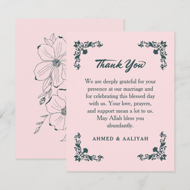 Subtle Grace Blush & Slate Gray Floral Wedding Tack Kort (Fram/baksida)