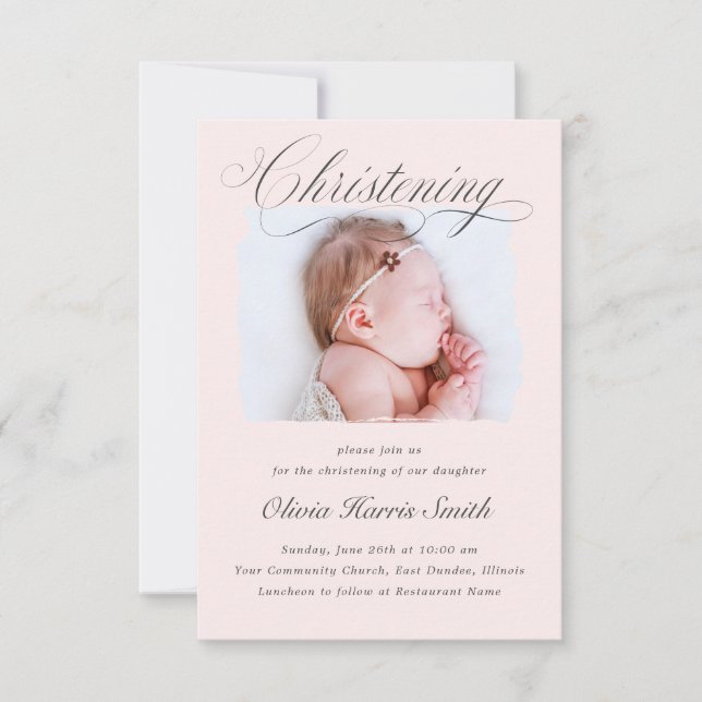 Subtle Kor Dusty Rosa Script Christening Photo I Inbjudningar (Framsida)