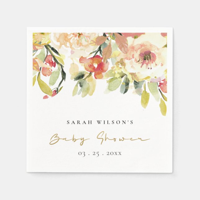 SUBTLE PEACH ROSA WATERCOLOR BLOMMIGT BABY SHOWER PAPPERSSERVETT (Framsidan)