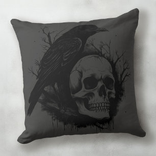 Subtle skalle och kråka black grått Halloween Kudde