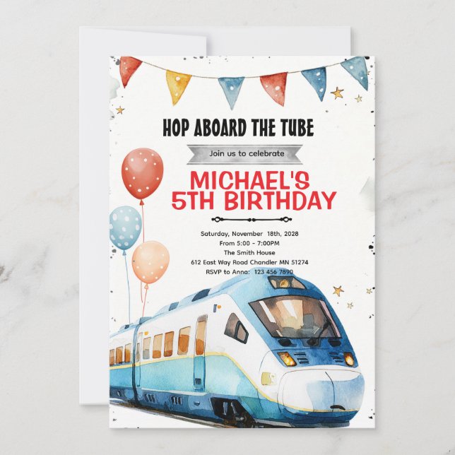 Subway metro train birthday invitation inbjudningar (Framsida)